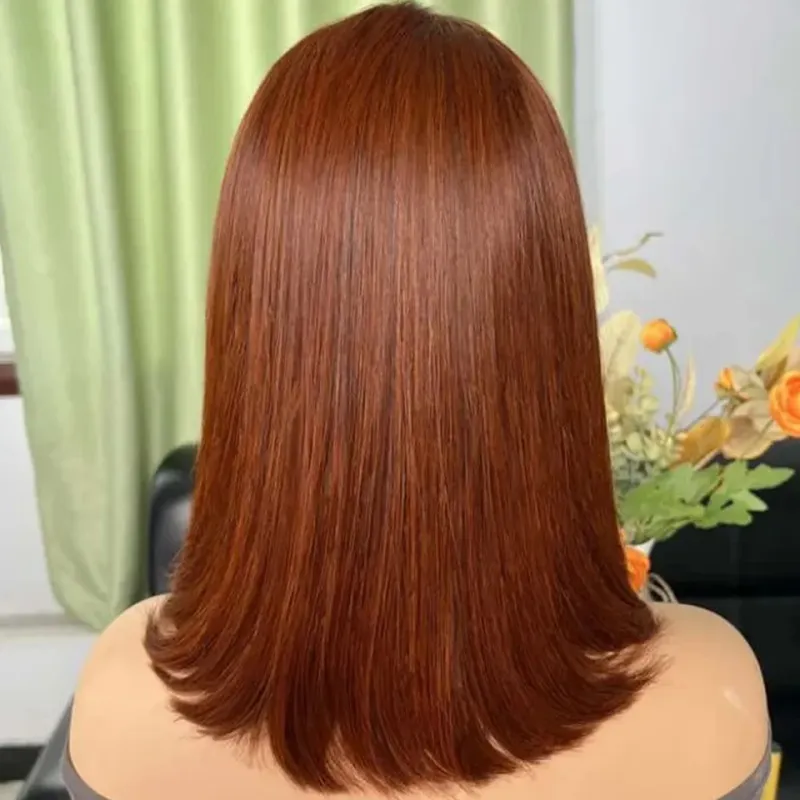 Braune Bob-Perücke, peruanische glatte Spitze vorne, menschliches Haar, rötlich-braune Spitze, Teilperücke_voghion.com
