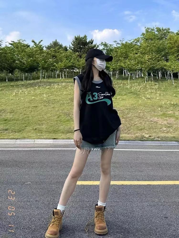 Farblich passendes Tanktop von American Sports für Damen mit lockerem Sommerdesign, vielseitiges ärmelloses Camisole-T-Shirt im Bf-Stil_voghion.com