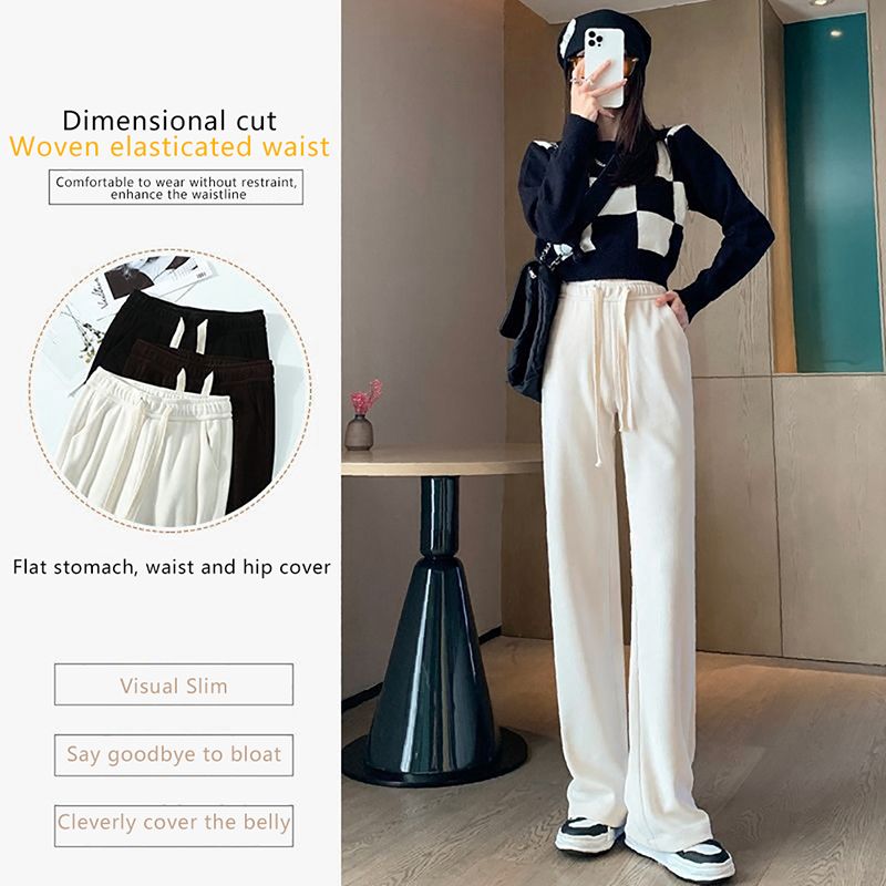 hot selling 2023 Women High Stretch Waist Wide Leg Pants Summer Drawstring Loose Long Rib Knitted Trousers_voghion.com