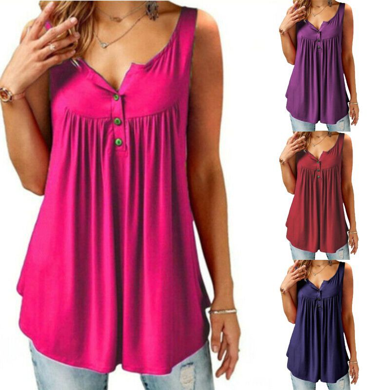 Women Ruffle Elegant O Neck Swing Tunic Blouses In Chic Design Button Sleeveless_voghion.com