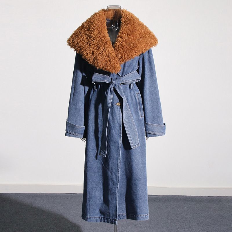 Women's Clothing Elegant Long Denim Trench Coat For Women With Belted Waist, Faux Fur Collar & Stylish Patchwork Design_voghion.com