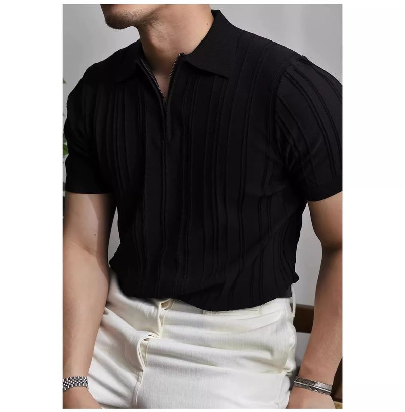 Camicia da uomo con mezza cerniera, manica corta, risvolto, maglia, elegante camicia da uomo_voghion.com