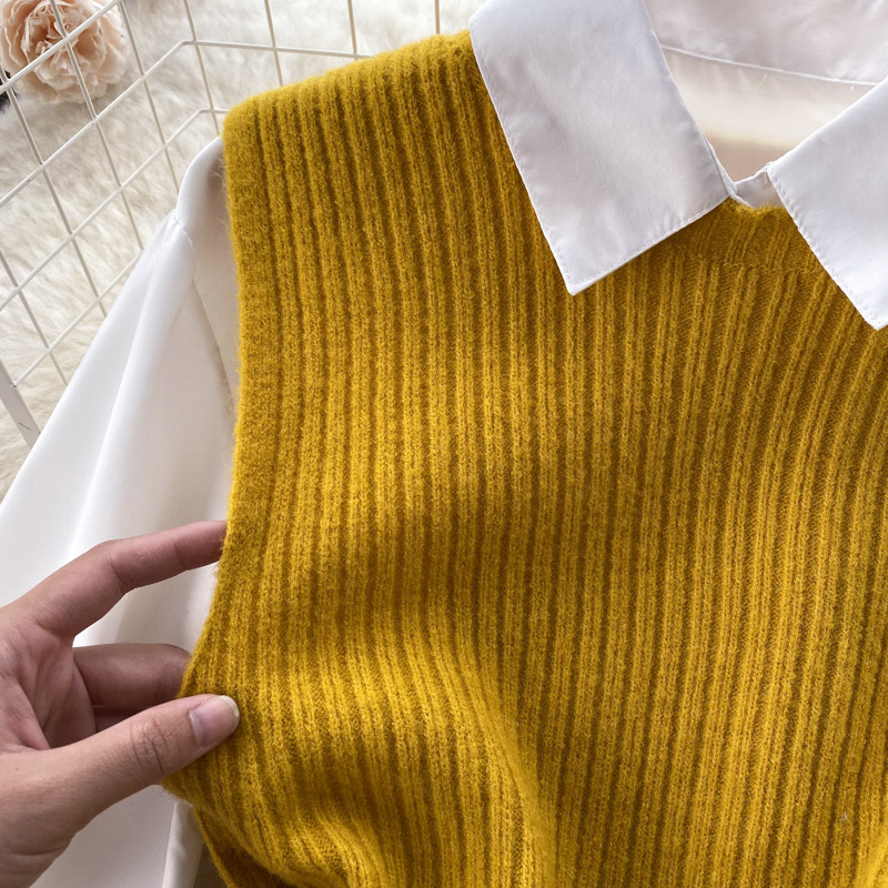 Set de două piese pentru femei, cămașă albă cu mâneci lungi și vestă din tricot despicat_voghion.com