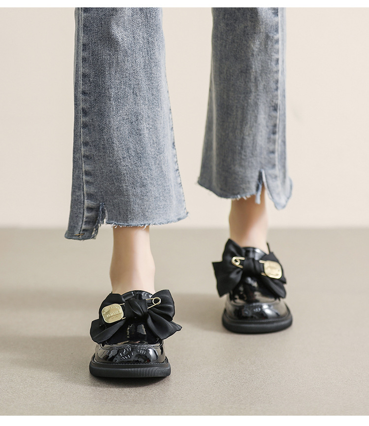 Loafer mit dicker Sohle für Damen im Frühjahr und Herbst im Retro-Stil im britischen Stil, kleine Lederschuhe mit schwarzer Schleife, Slip-on, weiche Sohle, Einzelschuhe für Damen_voghion.com