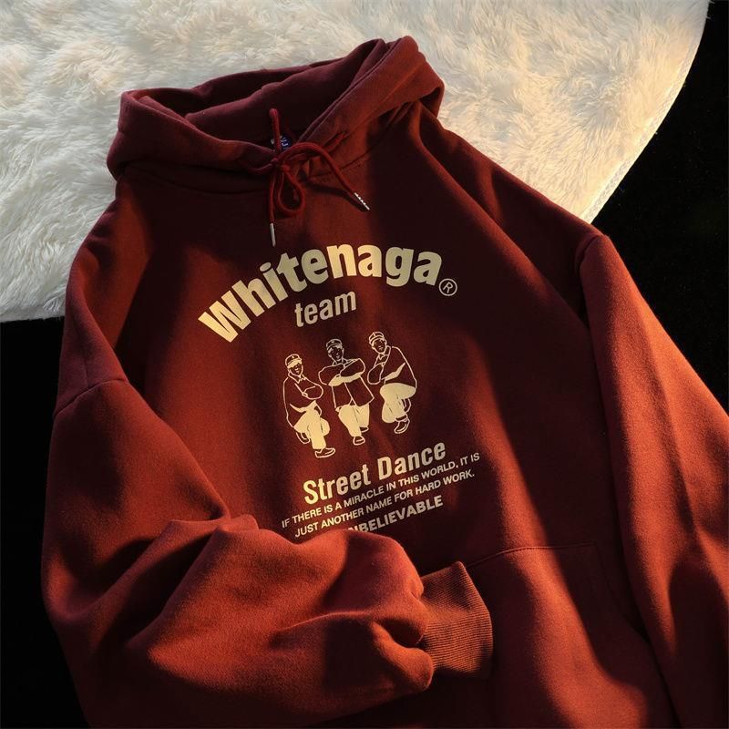 Heren hoodie met capuchon in Amerikaanse stijl, losse oversized fleece, wijnrood, paarsoutfit, maat 12_voghion.com