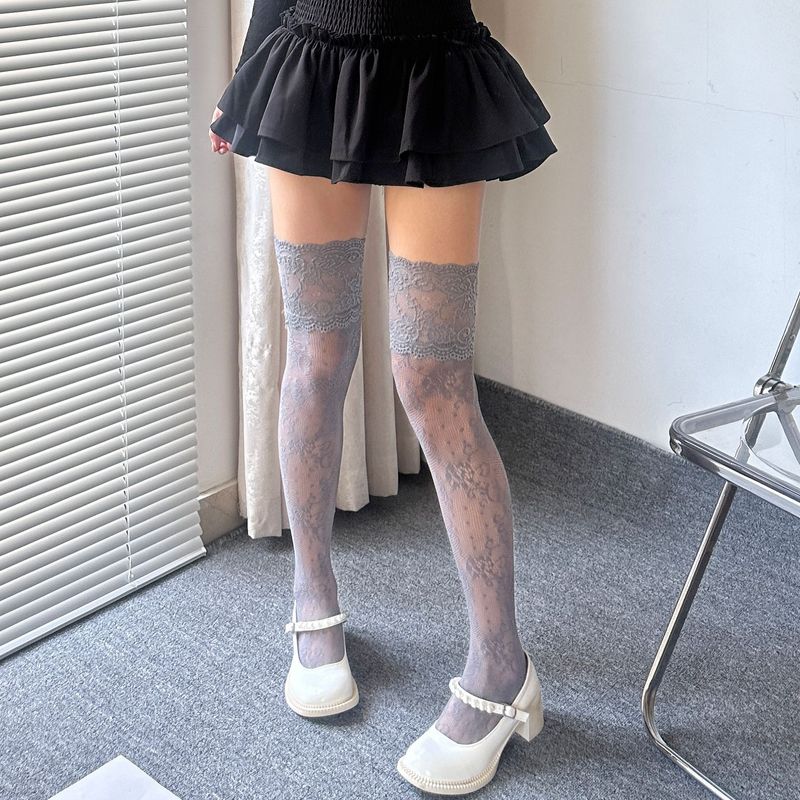 Spring Summer Pure Desire Style Lace Trim Long Floral Fishnet With Boots White Colorful Over-the-Knee Socks For Women_voghion.com