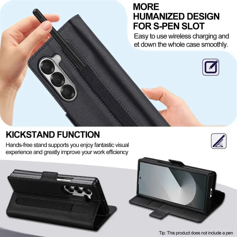 Capa de couro empresarial com suporte para caneta e compartimento para cartões para Samsung Z Fold 6, 5, 4, 3, 6, 5, 4 e 3, 5G_voghion.com