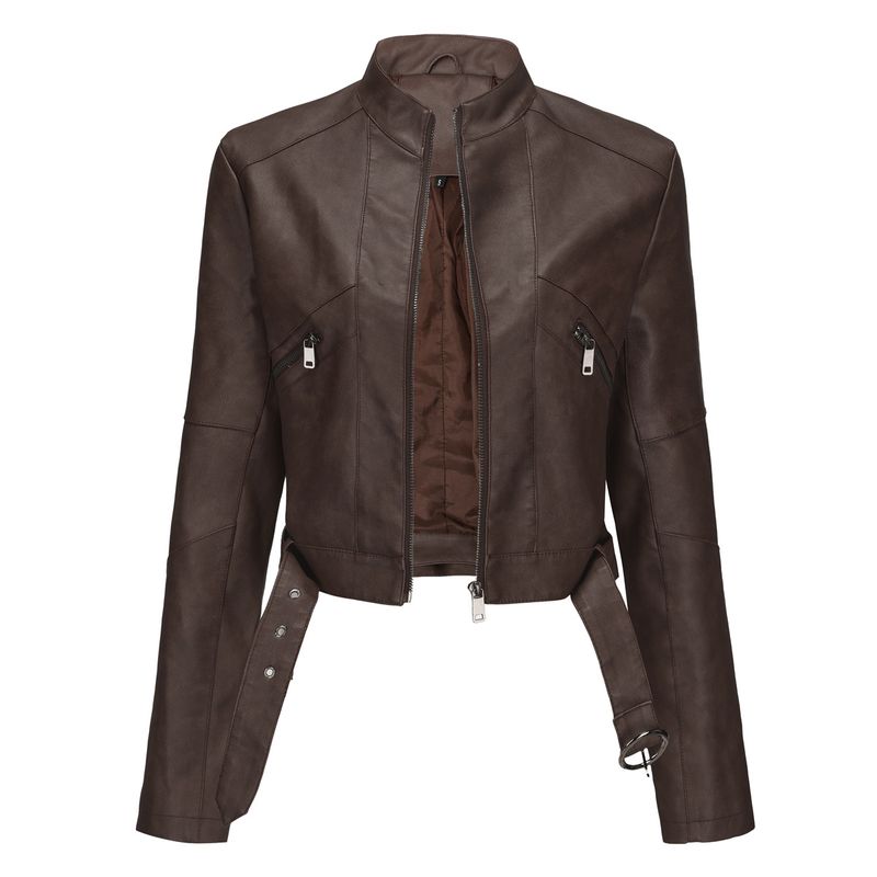 Jaqueta de couro sintético estilo motociclista feminina com cinto, casaco de manga comprida com zíper para primavera e outono_voghion.com