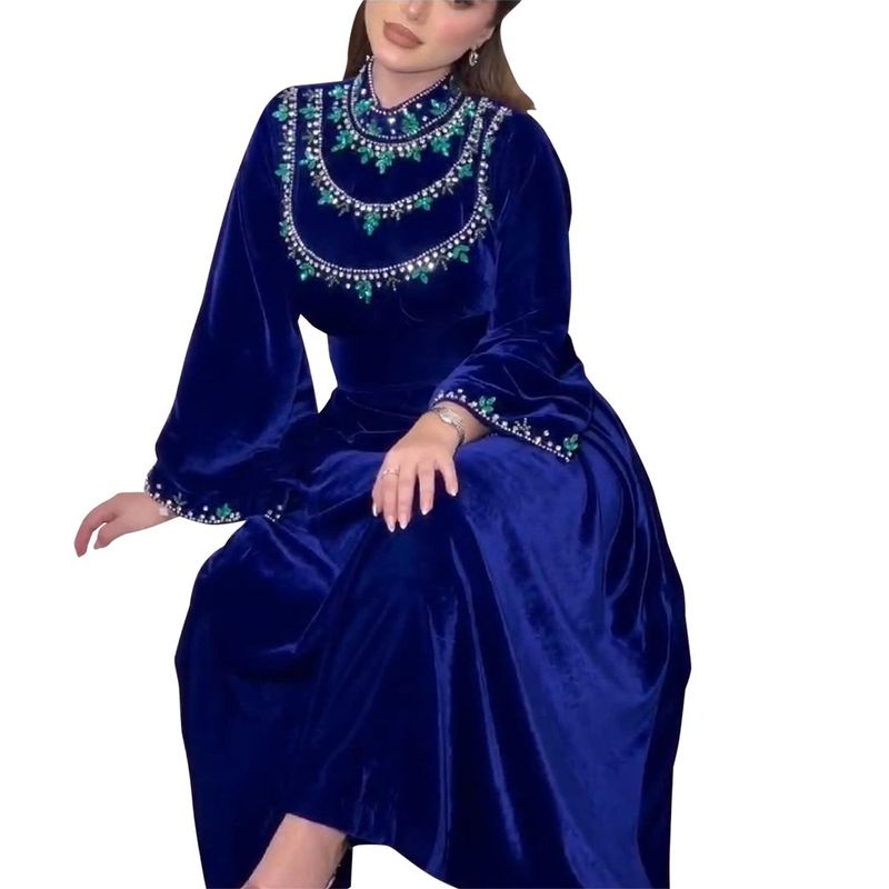 Women's Clothing Abaya Robe Velvet Zipper Green Water Drop Diamond Dress_voghion.com