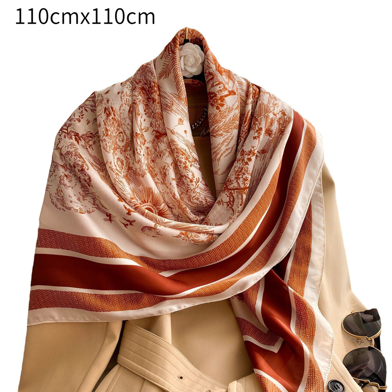 New Silk Scarf For Women 110cm Plain Weave Large Square Scarf Versatile Printing Decoration Sunscreen Shawl_voghion.com