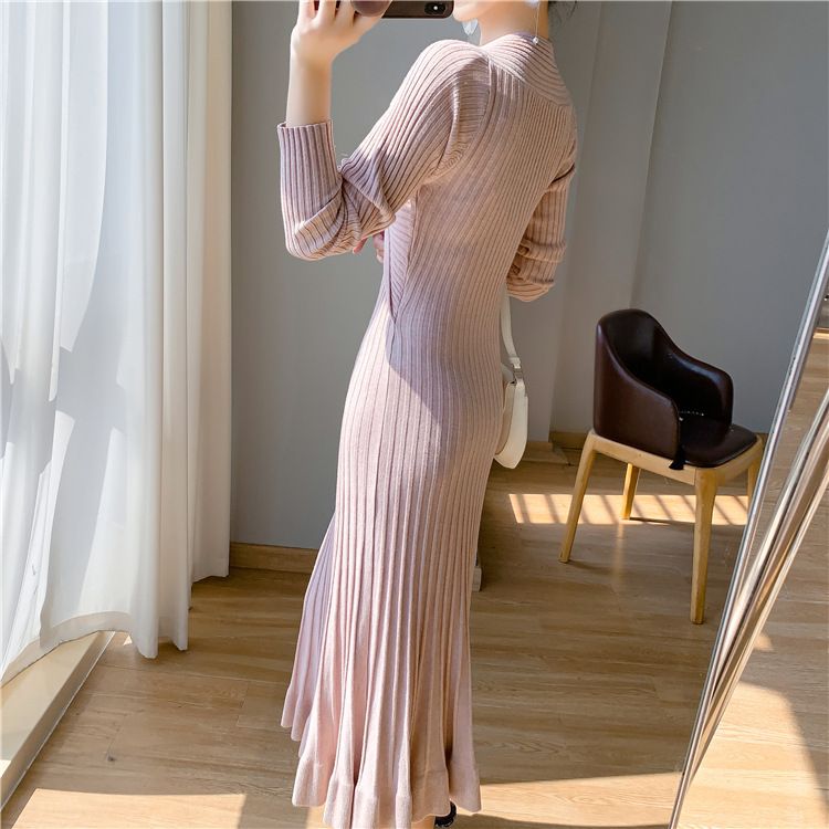 Robe moulante longue style français en tricot pour femme, automne et hiver, à porter avec un manteau, une sous-couche ou une robe sirène._voghion.com