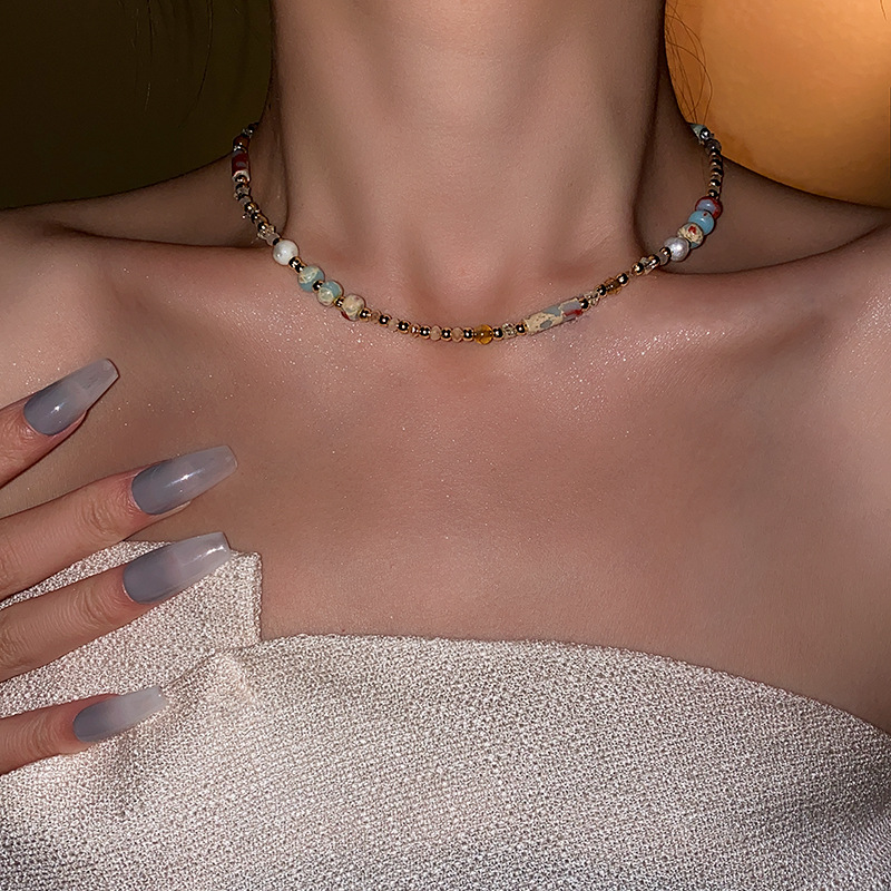 Baroque freshwater pearl colored natural stone necklace with a minimalist temperament, collarbone chain, light luxury,_voghion.com
