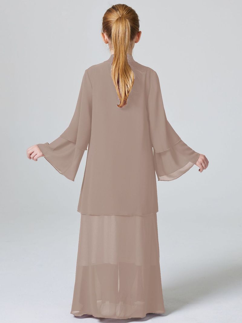 Madre e bambini Medio Oriente Kebaya Ragazze Due strati Chiffon Cardigan Abaya Abito_voghion.com