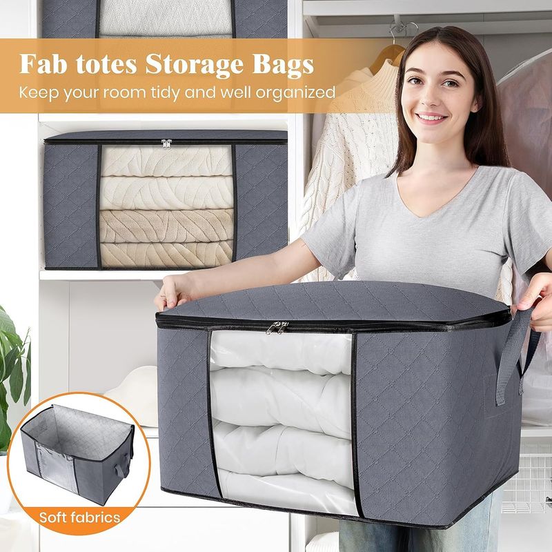 Fab Totes Kleideraufbewahrung, Faltbare Aufbewahrungstaschen aus dickem Stoff für Decken, Behälter zur Organisation von Schlafzimmer, Schrank,_voghion.com