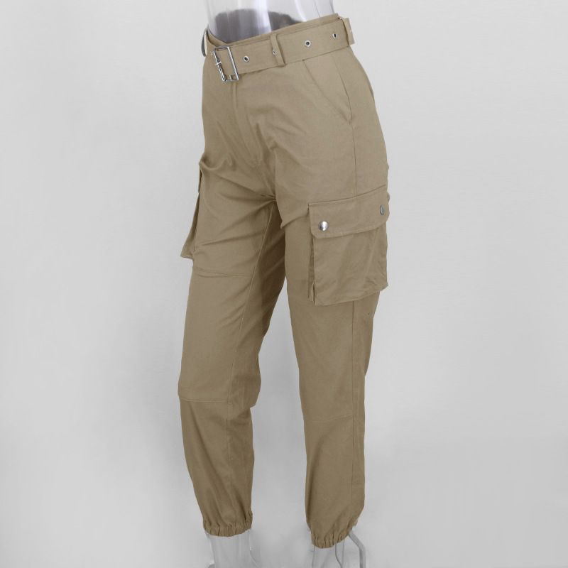 Zweiteiliges Damen-Set mit Leinenstruktur, Gürtel, hüftbedeckender schmaler Hose und einfarbiger Neun-Punkt-Hose_voghion.com
