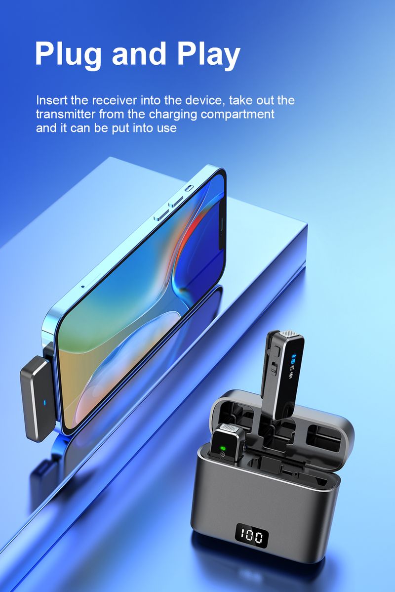 Lavalier met LCD-scherm Oplaaddoos Draadloze reversmicrofoon Ruisonderdrukkingsmicrofoon voor iPhone Android_voghion.com