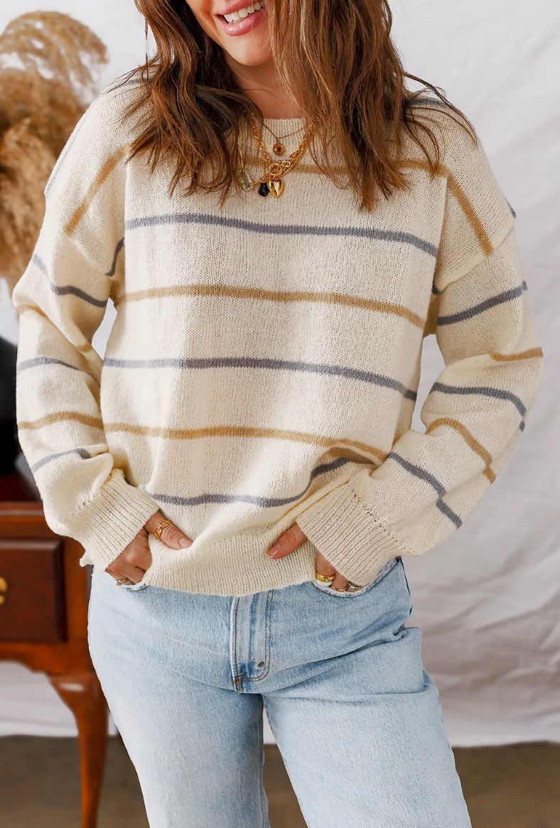 Women's Casual Color Block Striped Long Sleeve Oversized Sweater - Soft Cotton Blend Knitwear, Relaxed Fit, Round Neck, Fall Fashion Essential_voghion.com