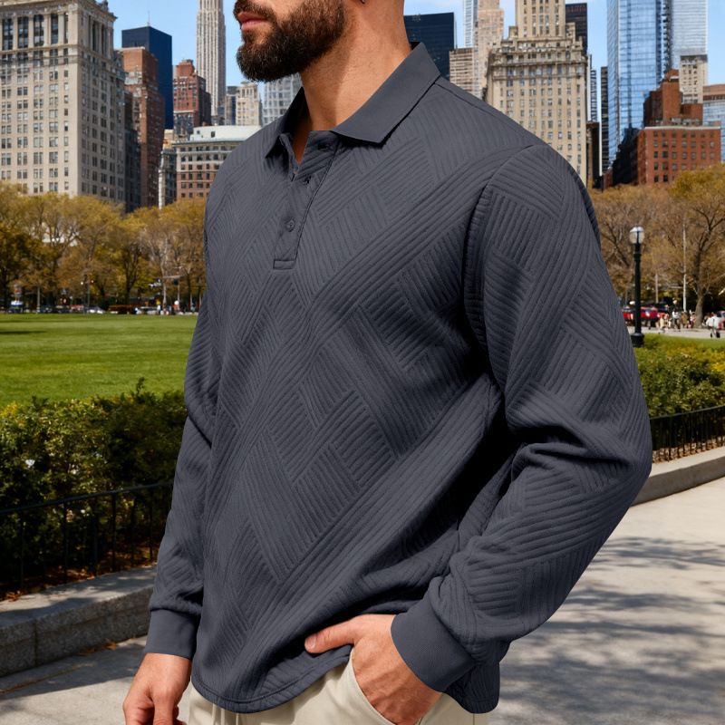 Langarm-Poloshirt mit strukturierten Streifen für Herren – Herbst-Strickoberteil mit entspannter Passform, asymmetrischem Design und knitterfreiem Stoff_voghion.com