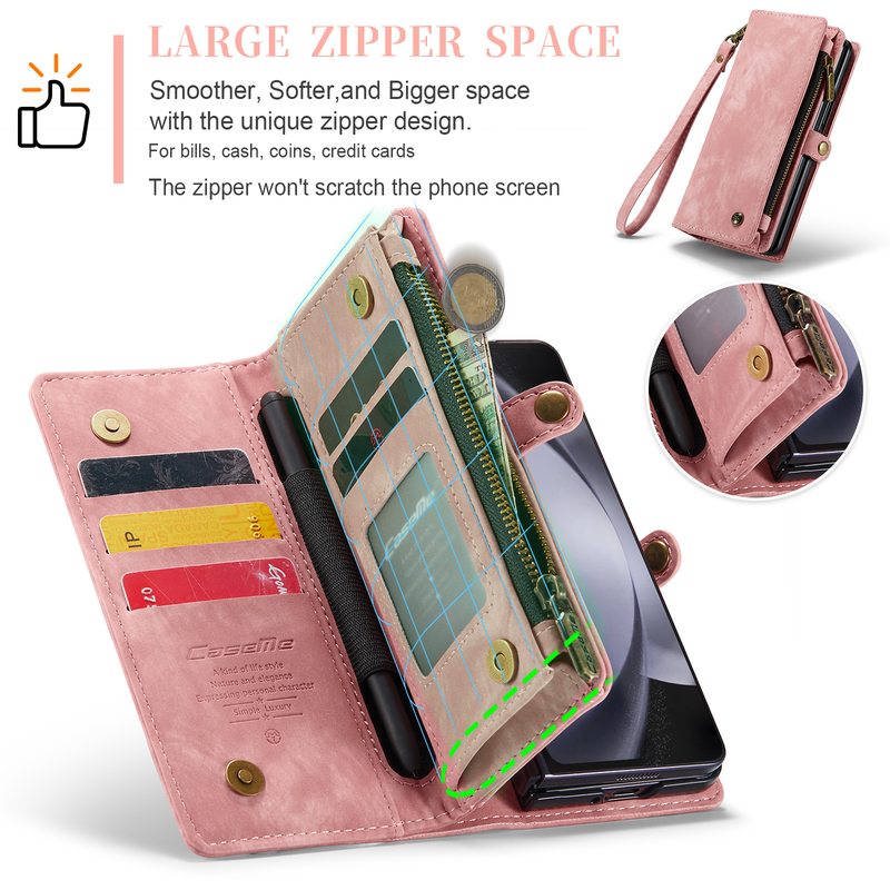 Zipper Pocket Wallet Case for Samsung Galaxy Z Fold 5 with S Pen Holder Vintage Vegan Leather Wrist Strap Magnetic Stand Cover_voghion.com