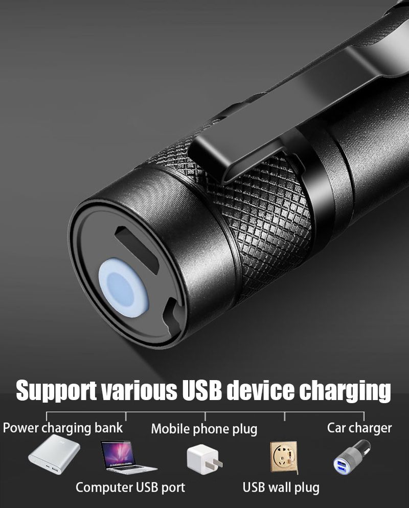 USB Rechargeable Mini Flashlight With Side COB Light Clip-On Light Zoomable Small Torch 3 Mode Camping Emergency Flashlights_voghion.com