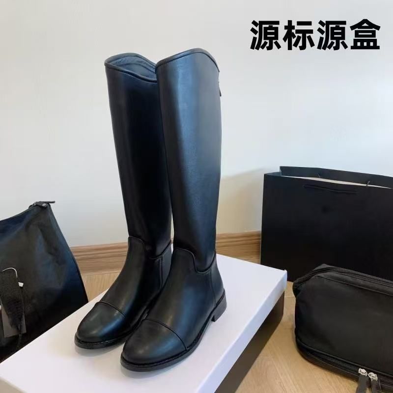 26ss New ChaneI Style Knight Over-the-Knee Long Round Toe Low Slimming High Tube Chunky Heel Back Zipper Women's Boots_voghion.com