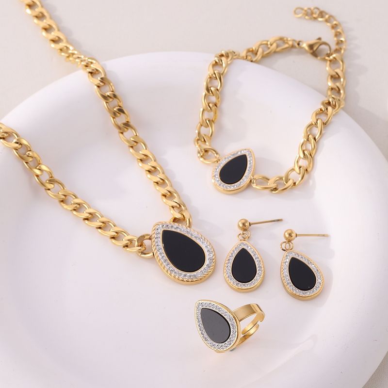 Collana con catena cubana in madreperla colorata e zirconi per donna, orecchini pendenti a goccia in acciaio al titanio, anello e bracciale_voghion.com