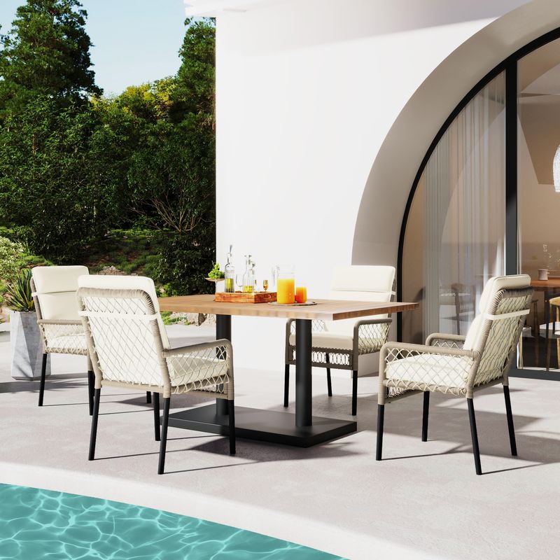 Ensemble de salle à manger d'extérieur 5 pièces pour 4 personnes, table en acacia massif, chaises en rotin synthétique, pour jardin et terrasse_voghion.com