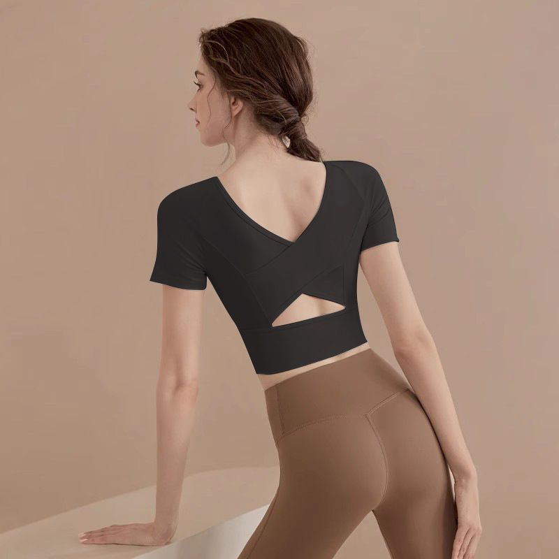 LazyZoom Haut de Yoga pour Femmes Vêtements de Fitness d'Été Ensemble de Sport Pilates Respirant Neuf Manches Courtes avec Coussin de Poitrine_voghion.com