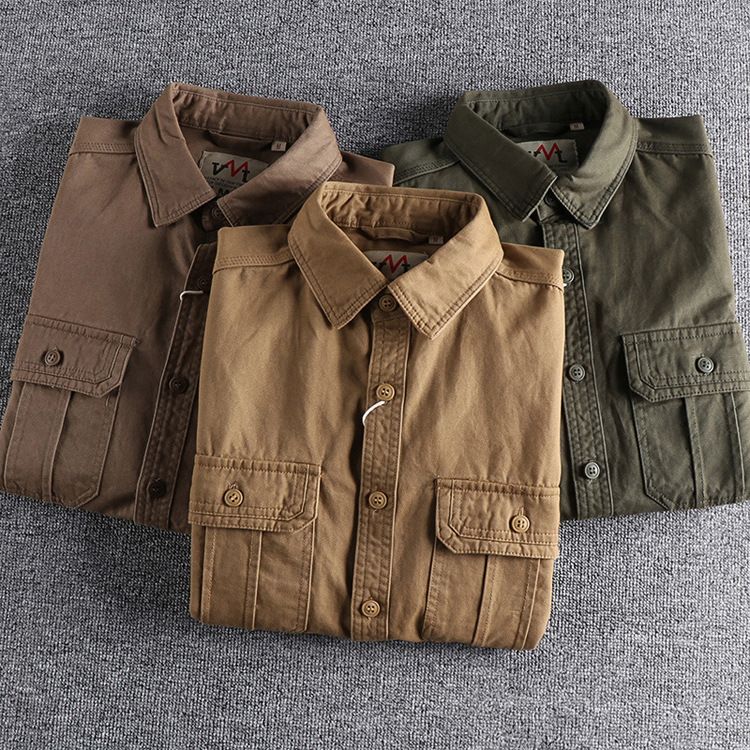 Herrenbekleidung, Arbeitskleidung, Hemdjacke mit mehreren Taschen, schlicht, verwaschen, im Used-Look, vielseitiges Langarmhemd, lässige Oberteile_voghion.com
