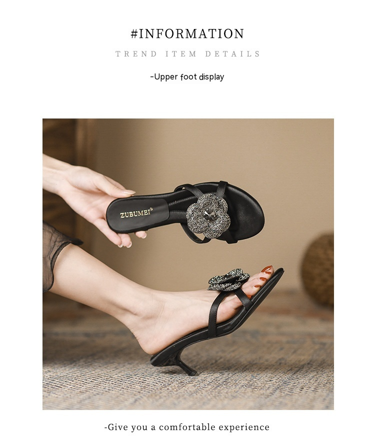 High Heel Sandalen für Damen 2024 Neue dünne Ferse Leichter Luxus Eine Linie mit rundem Kopf Blumendiamant High Heel Hausschuhe_voghion.com