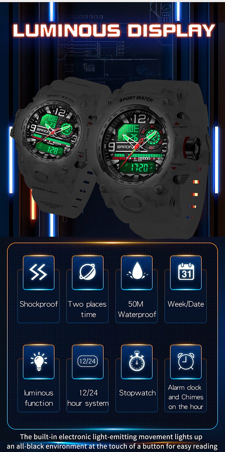 Stylish Unisex Digital Sports Watch With Dual Time, Alarm, Waterproof & LED Backlight - Perfect For Daily Wear, Workouts & Outdoor Adventures_voghion.com