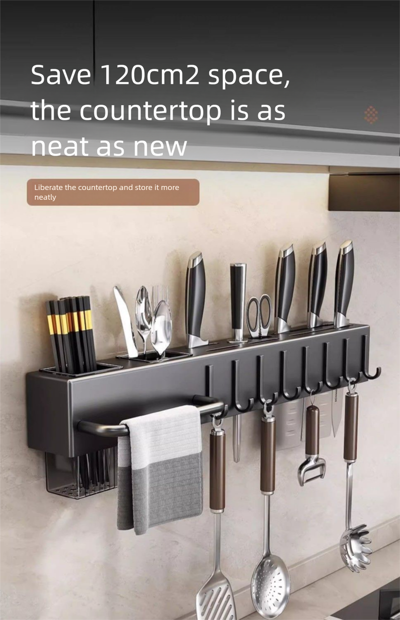 Suporte de armazenamento cinza Jibaiju Gun, organizador multifuncional para facas e hashis, sem furadeiras, para cozinha e uso doméstico_voghion.com
