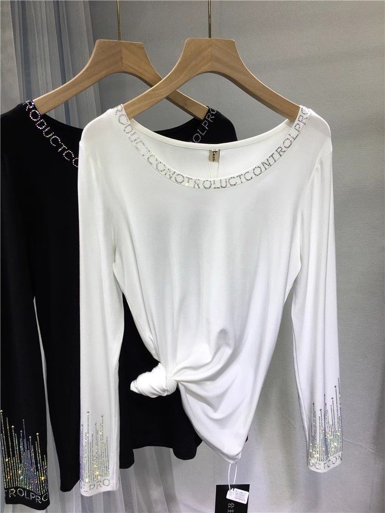 Maglietta a rombi hot da donna, top nero slim fit con scollo a V, maglietta a maniche lunghe in puro cotone, nuovo stile per primavera e autunno_voghion.com