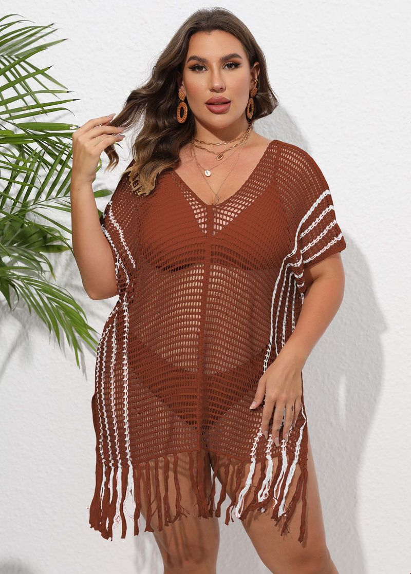 Chemisier de vacances pour femmes, grande taille, rayé, coutures contrastées, robe de plage, bikini, vêtements d'extérieur_voghion.com