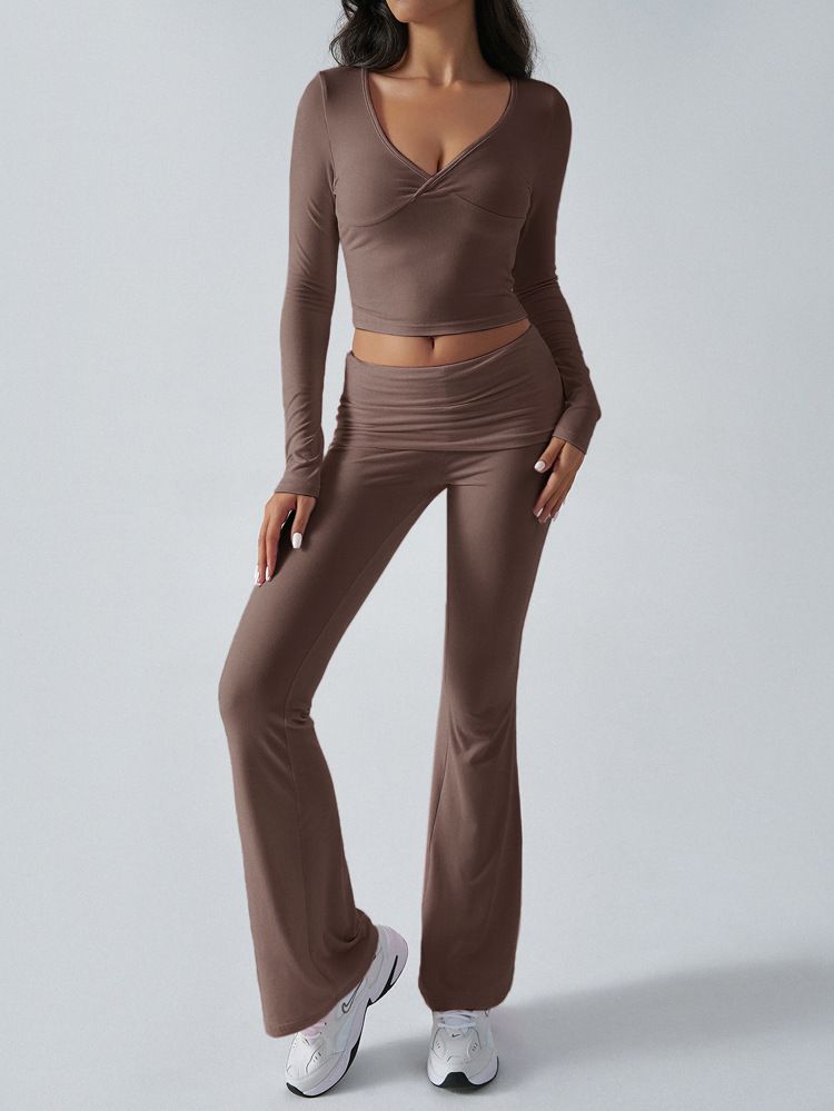KaiKuo 2024 Automne Hiver Femmes Y2K Décontracté Sport Style Couleur Unie Haut Pantalon Évasé Ensemble 2 Pièces_voghion.com