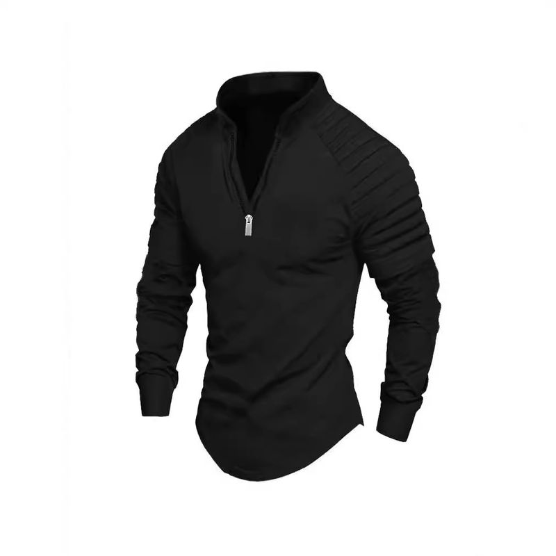 2025 Autumn Casual Loose Stand Collar Zipper Long Sleeve Men's Sports Polo Shirt_voghion.com