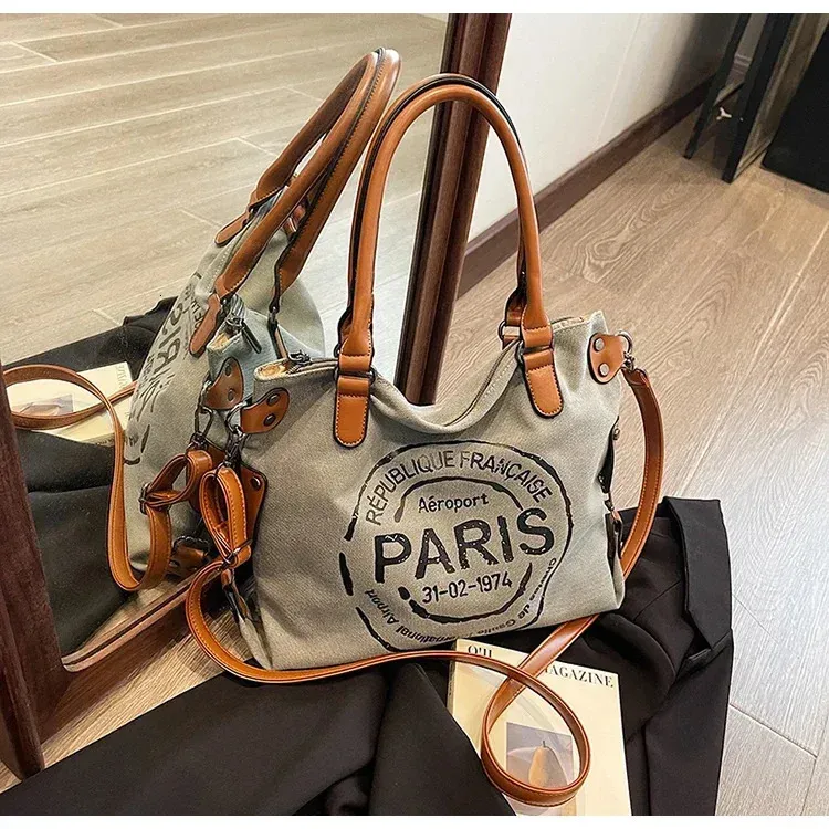 Borsa tote grande in tela retrò con tracolla regolabile, stampa vintage di Parigi, elegante tracolla per donna 250221_voghion.com