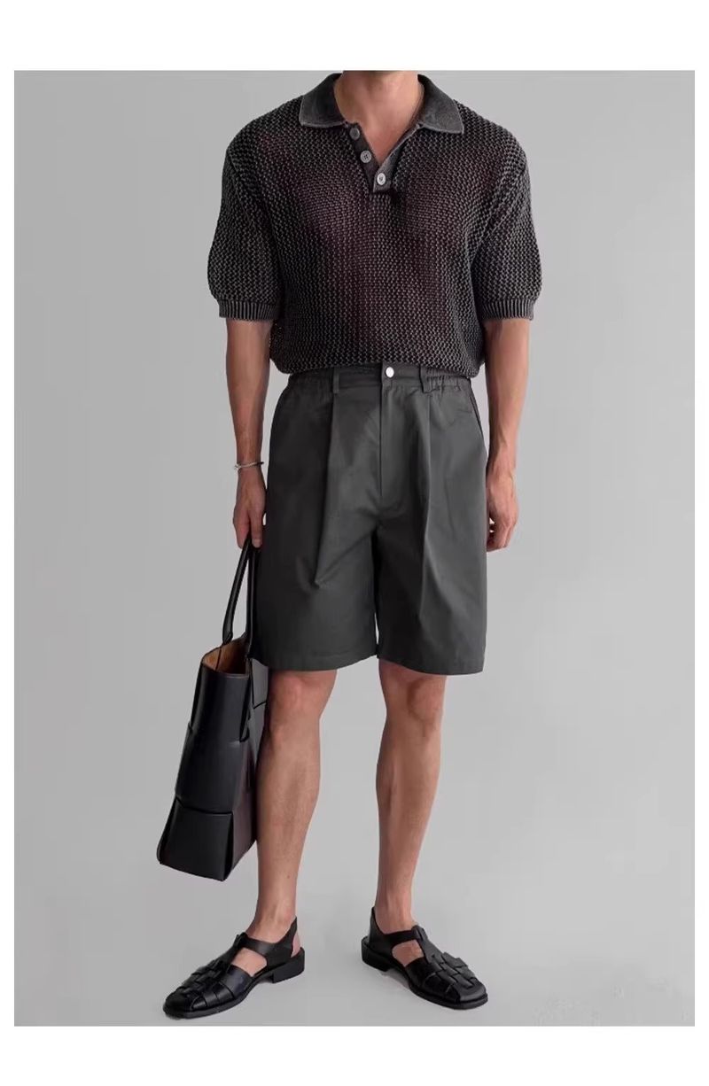 Maglione lavorato a maglia a maniche corte con risvolto, da uomo, in seta ghiacciata, a nido d'ape, con linea spessa, estivo_voghion.com