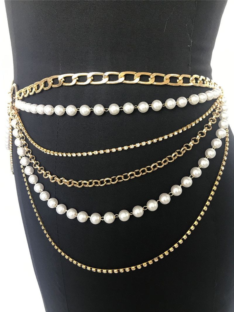 Catena di perle con anello per l'industria pesante di lusso Catena in metallo con catena di strass Catena in vita multistrato_voghion.com