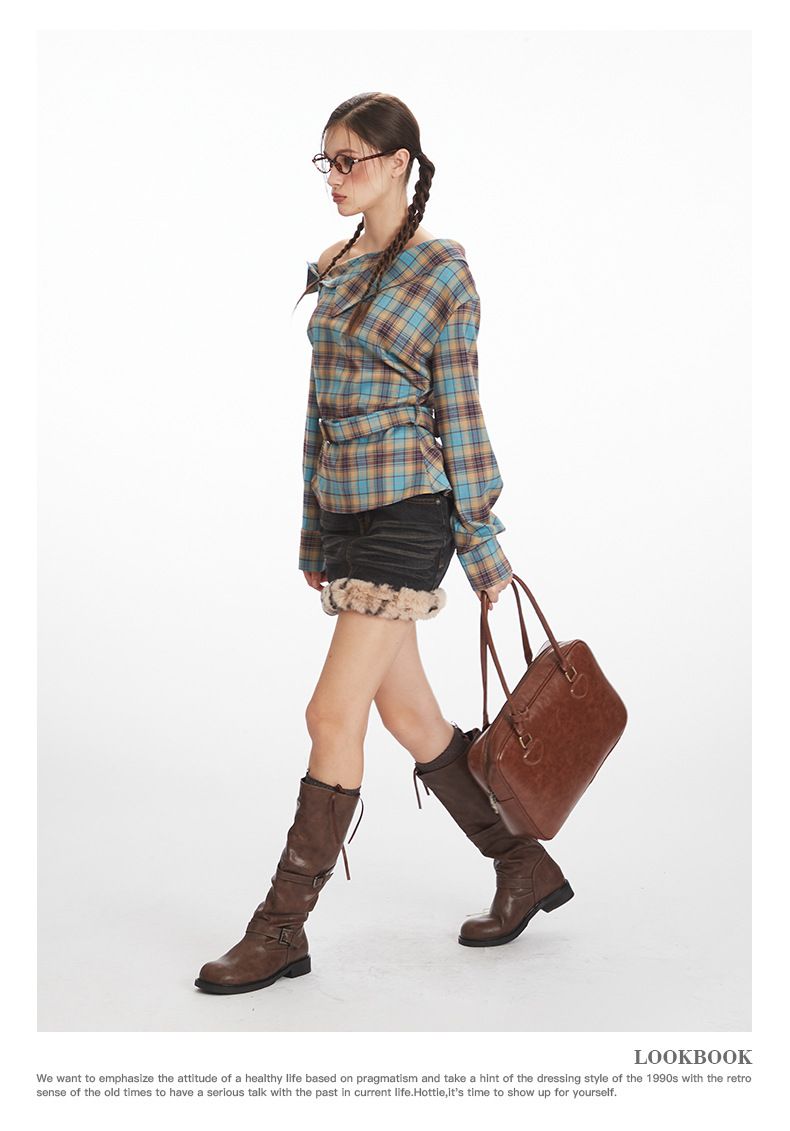 Women's Clothing Women's Asymmetric Collar Shirt - Slim Fit Checkered Top With Waist Tie_voghion.com