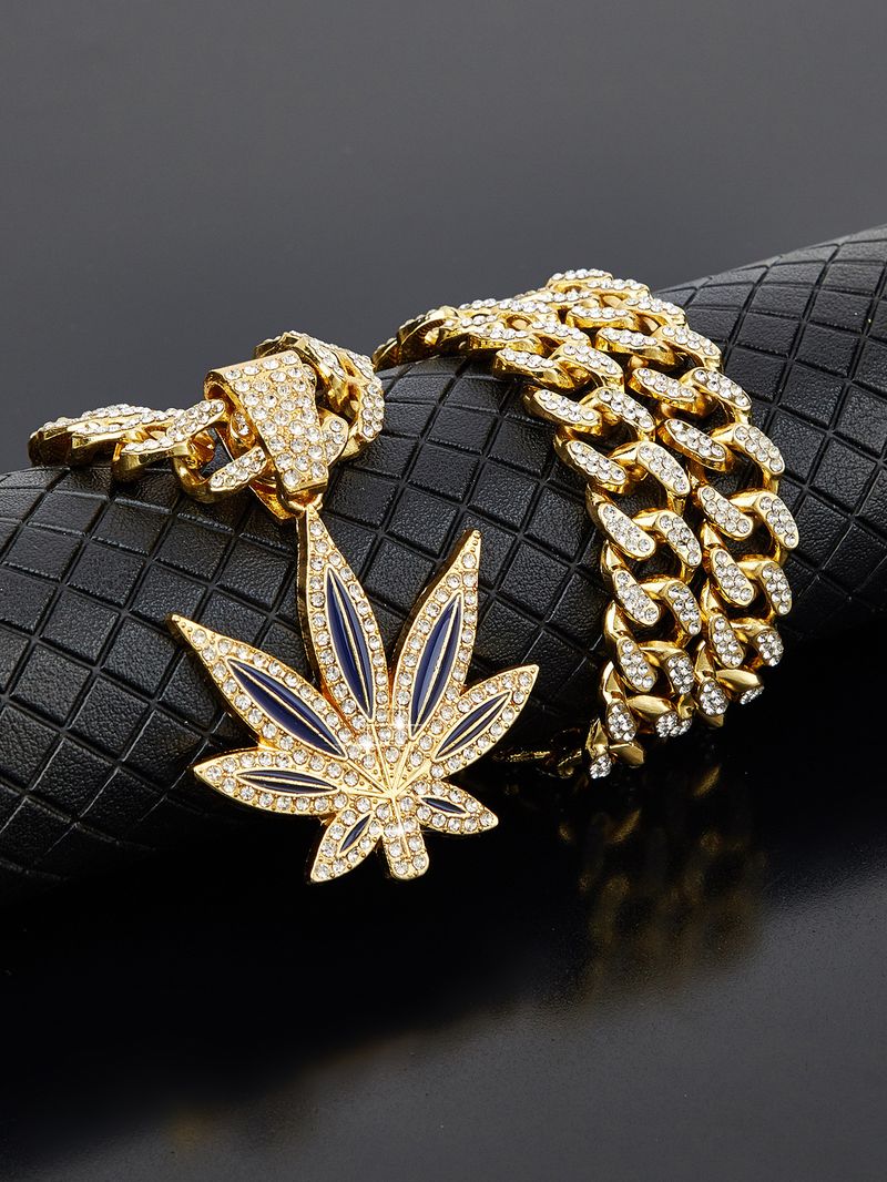 Heißer Verkauf Mode Diamant Rot Und Blau Emaille Ahornblatt Halskette Männer Hip Hop Punk Anhänger Halskette_voghion.com