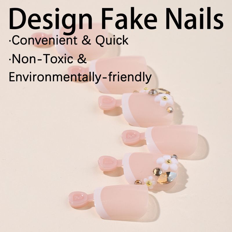 French Style Foot Nails With Fine Glitter Three Dimensional Flower Dot Diamond Shape Nails_voghion.com