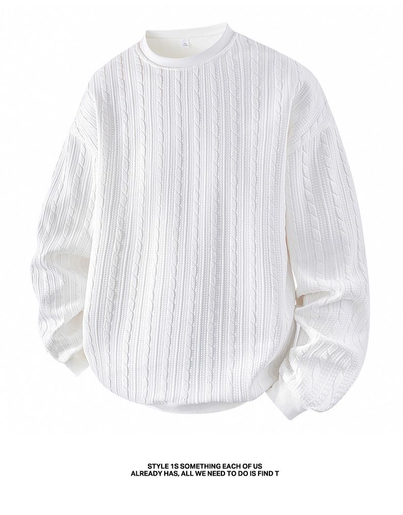 Men's Cable Knit Sweatshirt – Oversized Drop-Shoulder Crewneck With Jacquard Detailing (Black/Light Grey/White)_voghion.com
