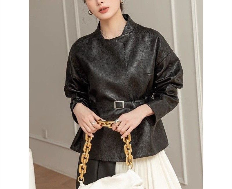 Women's Clothing retro leather jacket short fashion spring and autumn leather jacket small size slim and stylish Outerwear_voghion.com