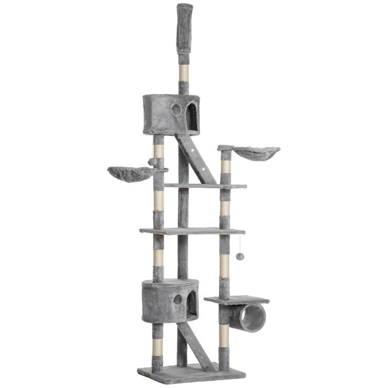 PawHut Floor To Ceiling Cat Tree, 94.5-102.5 Inch Height Adjustable Cat Climbing Tower With Scratching Posts, Condos, Hammocks_voghion.com