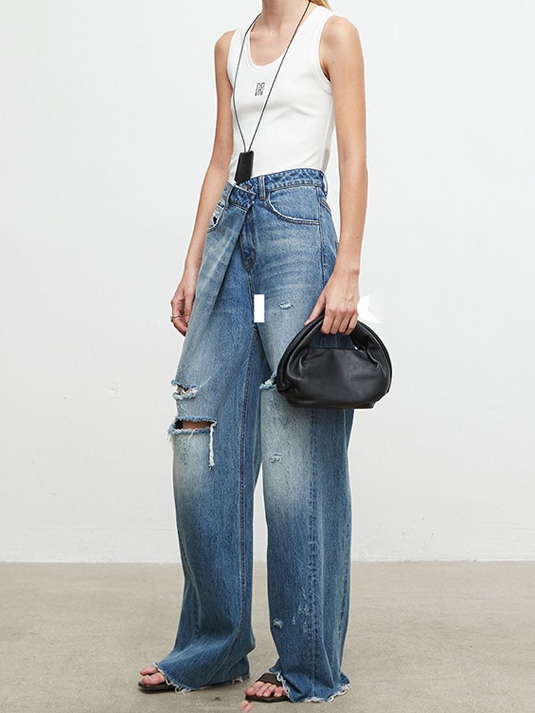 Damenbekleidung im minimalistischen, coolen und modischen Stil, aus der Türkei importierte, zerrissene, unregelmäßig gefaltete Knopfleiste, Lazy Jeans für Damen_voghion.com