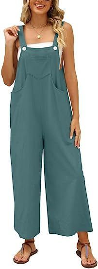 Women's clothing Sleeveless Cotton and Linen Overalls Adjustable Straps Wide Leg Jumpsuit with Pockets_voghion.com