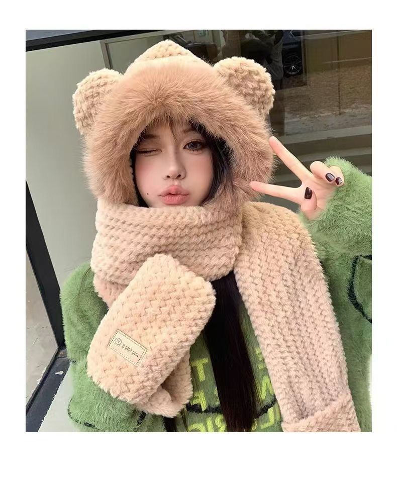 Set di tre pezzi con guanti e sciarpa invernali da donna, più protezione per le orecchie calda e spessa, cappello antifreddo per equitazione all'aperto_voghion.com