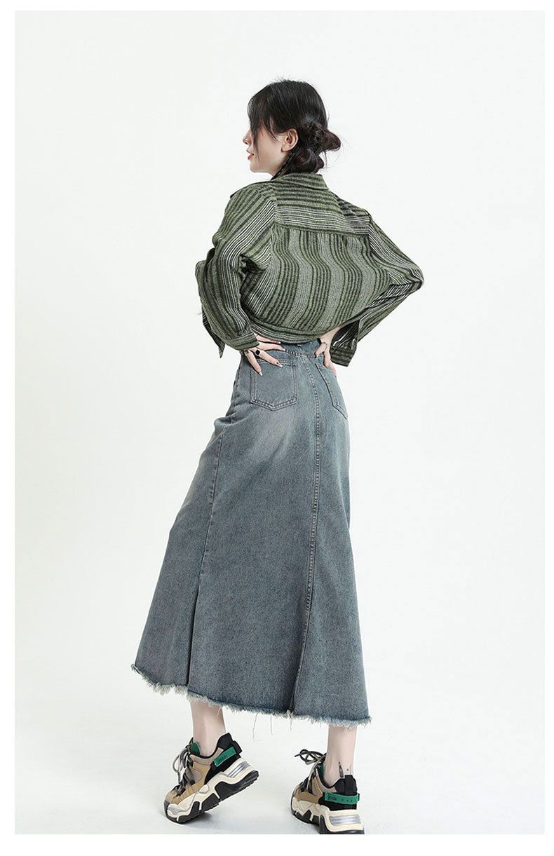 Robust denim til kvinders sommertøj, mellemlang A-formet nederdel, høj talje, trendy og slankende, balder indpakket,_voghion.com