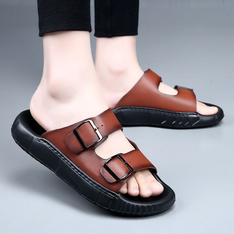 Top Layer Cowhide Men In Summer, Outdoor Beach Shoes Indoor Anti Slip High-end Cool Slippers For Men, Trendy_voghion.com
